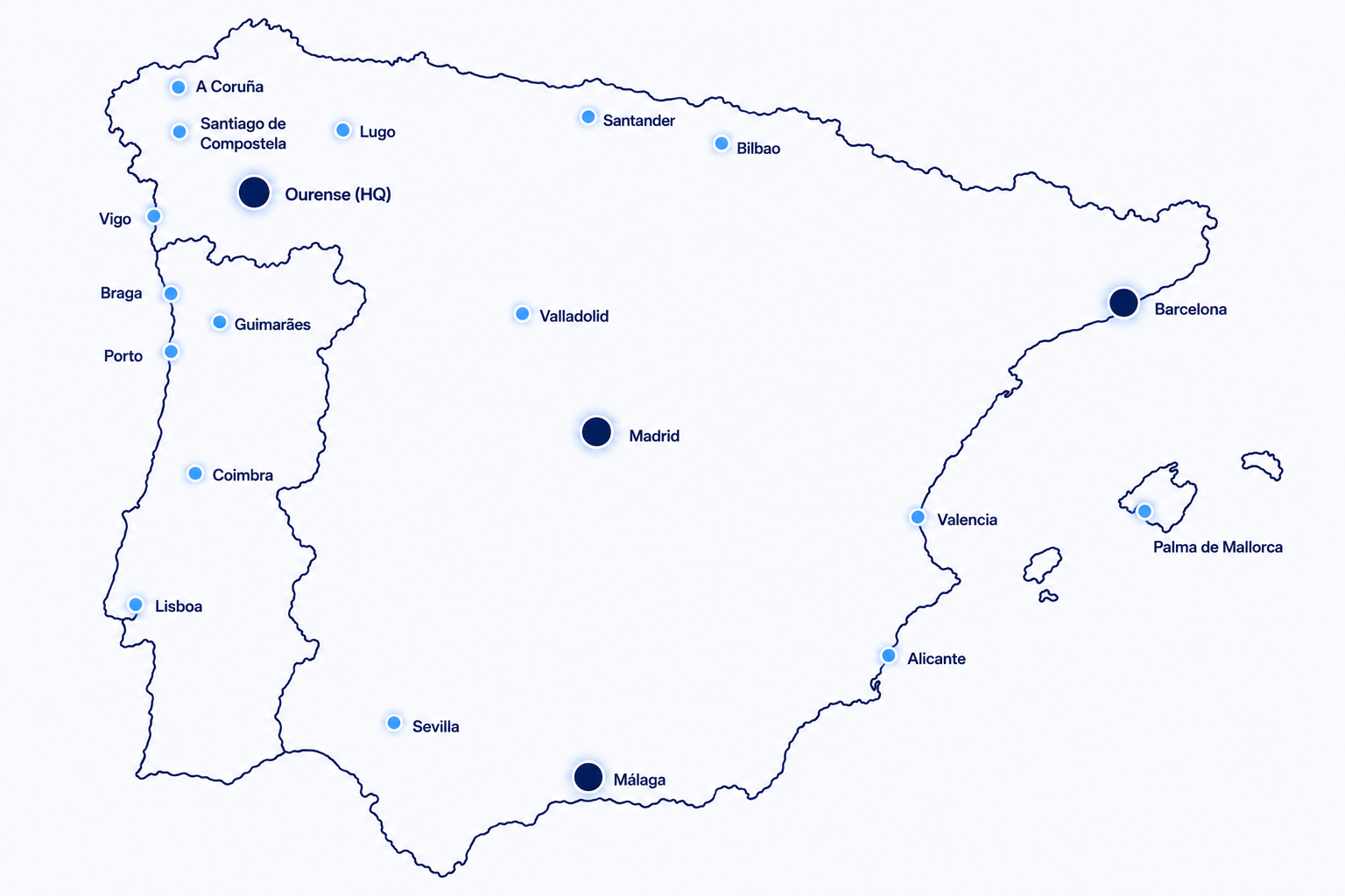 Operational coverage map of Spain and Portugal showing Madovi clinical research hubs and CRA collaborator locations
